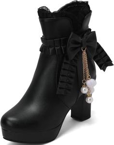 DINTAHA Модные милые каблуки-платформа с бантом, высокие ботильоны на толстом каблуке с молнией, косплей обувь, Black