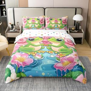 Erosebridal Комплект постельного белья из 100% хлопка с принтом лягушек в деревенском стиле для детей, Green