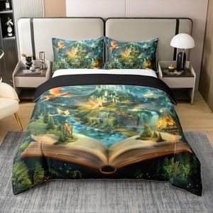 Erosebridal Хлопковый комплект постельного белья Fantasy Castle с радужным аврора принтом, фениксом и звездным небом, Blue Green