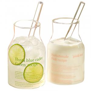 Прозрачные стеклянные стаканы 650 мл KAWASIMAYA, [Green+Pink]Letter Glass Cup 650Ml (Includes Straw)