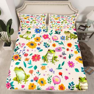 Erosebridal Фиттед простыня Frog Boho Floral с богемным цветочным принтом в бежевых тонах, Beige Red Yellow Blue Purple Green