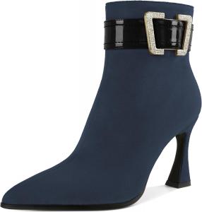 Женские ботфорты AUMOTED с ремнями и стразами, ботильоны выше колена на высоком каблуке с заостренным носком, элегантные ботильоны на катушечном каблуке 3,4 дюйма, короткие ботинки, Suede Navy