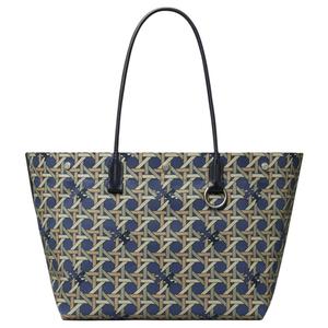 Сумка-шоппер из холста с кожаной отделкой, морская синяя TORY BURCH