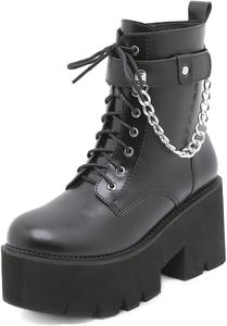 Женские платформенные ботинки FufoneUS с круглым носком, толстым каблуком и высокой голенью, панк-стиль, на шнуровке и с молнией, ботинки в стиле милитари, Black