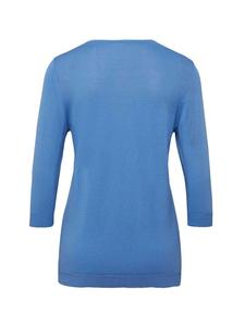 Короткий размер: летний вязаный свитер с круглым вырезом, ажурный узор, цвет деним синий. GOLDNER