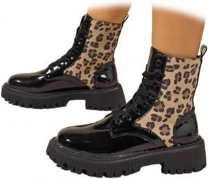 Generic Женские боевые ботинки на низком толстом каблуке с шнуровкой, короткие, с круглым носком, в ковбойском, панк или готическом стиле, леопардовые