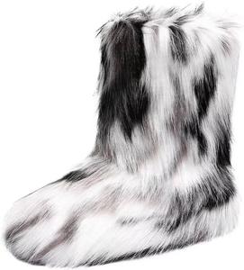 Женские ботинки JOEupin с искусственным мехом, утепленные меховой подкладкой, средней длины, пушистые, на плоской подошве, меховые зимние сапоги, Black White