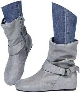 Женские ботильоны без каблука, модные, свободного силуэта, сборка, замшевые, с круглым носком, на плоской подошве, с боковой молнией, удобные повседневные зимние и осенние короткие сапоги до середины голени Generic, Grey-B