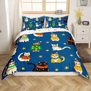 Erosebridal Комплект постельного белья Merry Christmas Kids с новогодним принтом и милыми котиками в голубых тонах, Blue