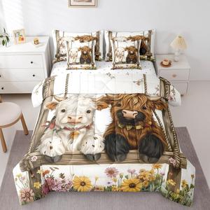 Erosebridal Комплект постельного белья Kawaii Highland Cow с милыми коровами и цветами в деревенском стиле, мягкий материал для детей и взрослых, White Yellow