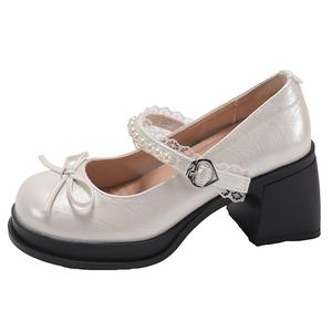 NX DOUGHNUT Массивные каблуки с французским жемчугом и бантом Мэри Джейн без подкладки туфли на высоком каблуке маленькие кожаные туфли женские бежевые, цвет Beige