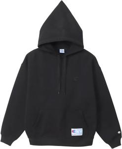 Толстовка с длинным рукавом, хлопок, производство США, свободный крой, с одним точечным логотипом, капюшоном, спортивный стиль Champion, черный