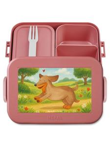 Mr. & Mrs. Panda Дизайн бенто-бокса с изображением таксы в пастельно-красных тонах (без слов)