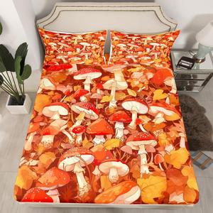 Erosebridal Комплект постельного белья Kids Mushroom с водяными мухоморами и осенними листьями в стиле кантри, Orange and Red