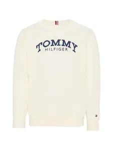 Кабельный вязаный свитер с принтом-логотипом Tommy Hilfiger Junior, бежевый