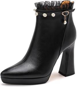 Женские ботильоны TinaCus на высоком каблуке с острым носком, ручной работы, на платформе, из натуральной кожи, с молнией и украшением из жемчуга, Black