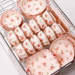 Ceramics Набор тарелок и мисок для дома, 2025 новая свежая коллекция, керамика с подглазурной росписью для новоселья, сервиз на 8 персон Red Glaze Peach Blossom Destiny, 36 предметов