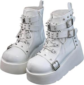 Женские готические ботильоны на платформе с регулируемым заклепочным ремешком, молнией, шнуровкой, на клиновидной толстой подошве, стиль панк, готика, мотоциклетные короткие ботинки Generic, White