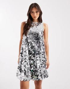 Мини-платье Pieces без рукавов с дисками и пайетками серебристого цвета