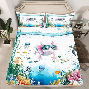 Erosebridal Комплект постельного белья Funny Axolotl с морскими животными, голубой, Blue White Green Orange Pink