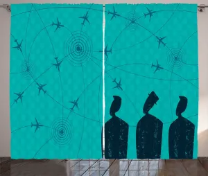 Штора в стиле аэропорт от ABAKUHAUS, Мужчины, наблюдающие за маршрутами полетов, для спальни, со сборками, петлями и крючками, 280 x 225 см, цвет морская пена, цвет нефтяной сине-зеленый Abakuhaus