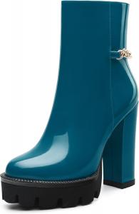 Женские ботильоны с высокой массивной платформой и круглым носком, короткие ботинки на каблуке с цепочкой на щиколотке 4,7 дюйма, обувь для работы, улицы и банкета. CDXJHYMY, Teal Patent