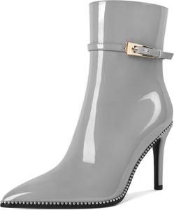 Женские ботильоны Soireelady с заостренным носком и высоким каблуком, украшенные бисером, короткие ботинки с металлической пряжкой и боковой молнией, каблук 10 см, Grey