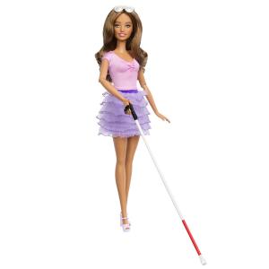 Кукла Barbie Fashionistas с слепой тростью и фиолетовой юбкой