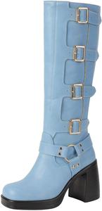 Женские сапоги Seborluys до колена с пряжкой, квадратный носок, массивный каблук, на стойке, готические жокейские сапоги с флисовой подкладкой, Blue