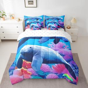 Erosebridal Комплект постельного белья Manatees с морскими животными, сине-розовый дизайн океанского дна, Blue Purple