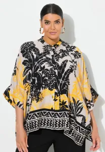 Блузка с пуговицами и принтом тропической листвы Ulla Popken, Grey/Beige