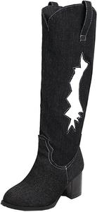 Уникальные женские джинсовые ботфорты до колена, вестерн-стиль, ковбойские сапоги, широкий голенище, массивный каблук, круглый носок, натягивающиеся, винтажные ковбойские сапоги Uniquelly, Black