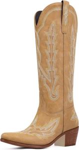 Женские ковбойские сапоги Ouepiano, высокие до колена, с классической вышивкой, на толстом каблуке, с заостренным носком, стильные ретро-сапоги на каждый день, Tan