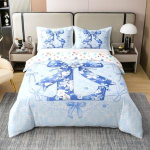 Erosebridal Хлопковый комплект постельного белья с голубым бантом и цветочным принтом в стиле кокетт, Blue L