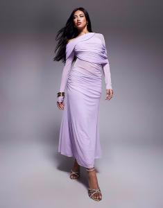 Платье макси с длинными рукавами, свободным кроем и сетчатым миксом в сиреневом цвете Asos Design