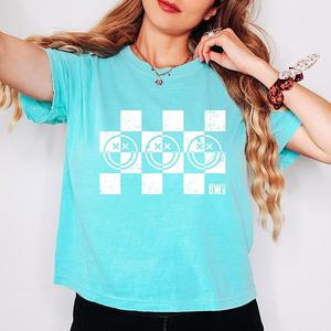 SWSmiley checkered x face - женский бокси кроп топ с принтом Simply Sage Market, Chalky Mint