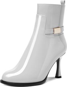 MOVINSTEPS Женские сексуальные лакированные ботильоны с круглыми носками, молнией, для ночного клуба, на высоком каблуке 3,3 дюйма, White