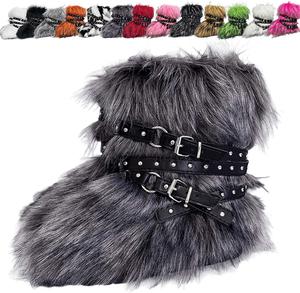 Женские сапоги из искусственного меха с круглым носком, теплые укороченные сапожки, пушистые зимние сапоги Y2K с ремнем и заклепками, платформенные сапоги Generic, Dark Gray