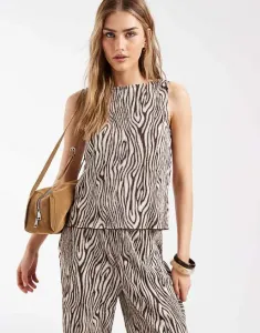 Коричневый плиссированный топ без рукавов с разрезным вырезом и животным принтом Pieces