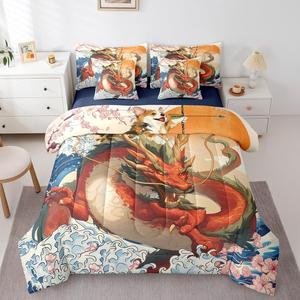 Erosebridal Японский стиль комплект постельного белья с корги драконом морская волна кавай собака сакура, Beige Navy Red Green