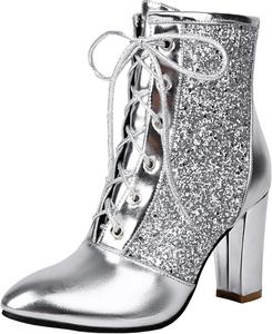 Женские короткие ботильоны на широком каблуке, блестящие ботинки с пайетками и шнуровкой BULVJ, Silver