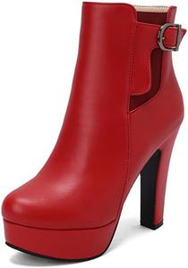 Платформенные женские ботинки до середины голени с округлым носком, пряжкой, высокими каблуками и боковой молнией, ботильоны JMdfcqer, Red