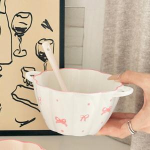 Ceramics Керамическая чашка для риса и йогурта Cream-Colored с цветочным узором 15 см и ложкой, белый набор посуды