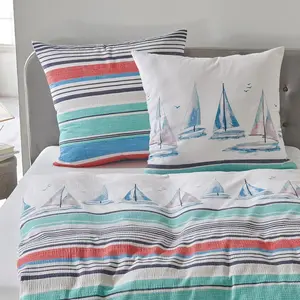 Комплект постельного белья Dream Sleep из сирсакера, Парусник, Морской, 200x200 см + 2 x 80x80 см Traumschlaf