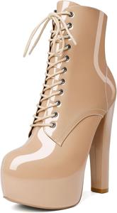 Женские ботильоны Esvowido с платформой, массивным каблуком, высоким каблуком, круглым носком, сексуальные шнуровки, короткие ботинки с боковой молнией, Beige