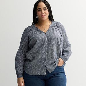 Топ с V-образным вырезом и застежкой на пуговицы, с длинными рукавами, plus size Sonoma Goods For Life, Navy Floral Check