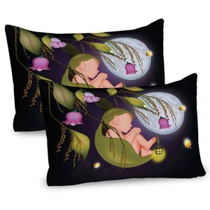 ABAKUHAUS Fantasy Чехлы для подушек, набор из 2 шт., «Детский эльф, растущий на листе, Луна, Мистическая ночь, мифология, светлячки, рождественская сказка», чехол для подушки с декоративным принтом, 80 x 40 см, многоцветный