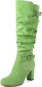 Женские высокие сапоги Zamikoo на толстом каблуке, с расслабленным верхом, до колена, округлый носок, металлическая пряжка, боковая молния, высокий каблук 3,5 дюйма, Suede Olive-Green