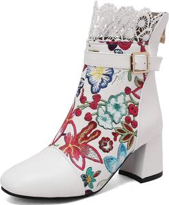 Ботильоны DINTAHA с цветочной вышивкой, кружевные, с квадратным носком и массивным каблуком, на молнии, White