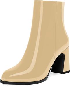 Женские ботильоны FEMSTEP на молнии из лакированной кожи, повседневные, деловые, с круглым носком, на устойчивом каблуке 3,3 дюйма, Beige